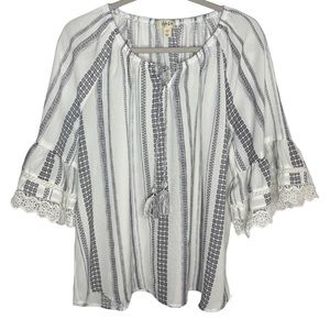 Style & Co Womens Top XL Black White Boho Blouse Bell Sleeves Crochet Tassels